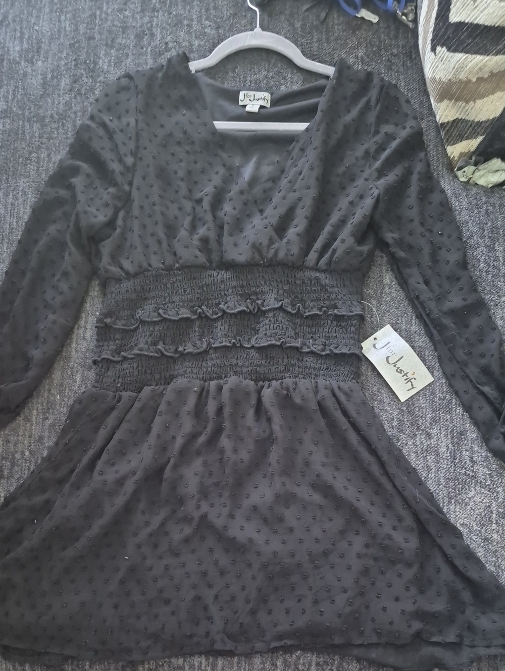 NWT Justify Black Swiss Dot Smocked Mini Dress V-Neck Long Sleeve. Size JuniorM